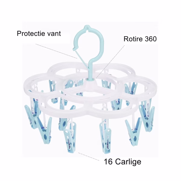 Uscator de Rufe Suspendat Flippy, cu 16 Carlige, Rotire 360 Grade, Mateiral Plastic, Usor de Depozitat, Multifunctional, 26 x 21 cm, Albastru - imagine 4