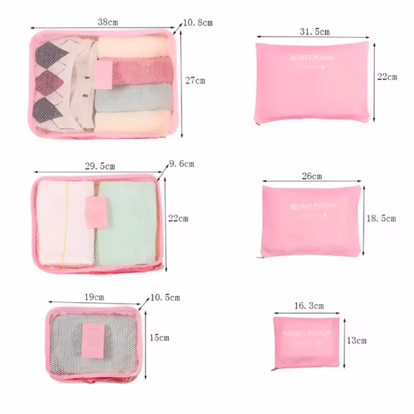 Set 6 Genți de Calatorie, Flippy, pentru Depozitare, Impermeabile, Organizator, Multifuncționale, Design cu Plasa, Pliabile, Fermoar, Dimensiuni Diferite, Roz - imagine 2