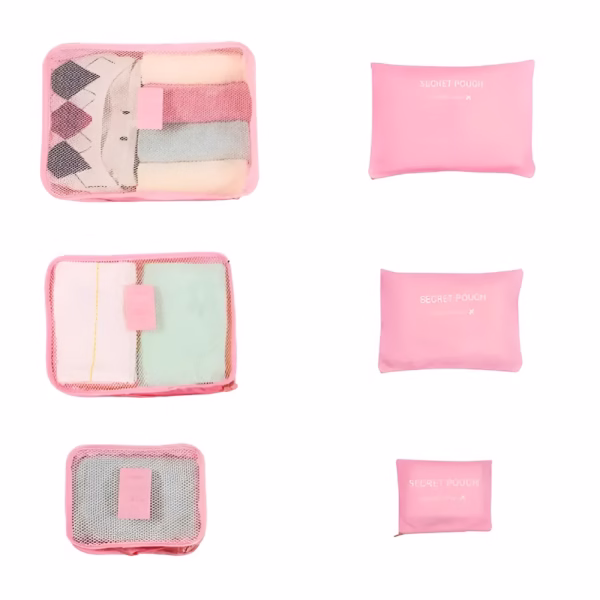 Set 6 Genți de Calatorie, Flippy, pentru Depozitare, Impermeabile, Organizator, Multifuncționale, Design cu Plasa, Pliabile, Fermoar, Dimensiuni Diferite, Roz - imagine 1