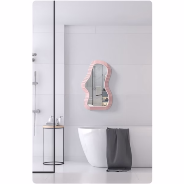 Oglinda de Perete, Flippy, Decorativa, pentru Baie, Dormitor, Sufragerie, Model Minimalist, Forma Asimetrica, 40.3x26 cm, Roz - imagine 2