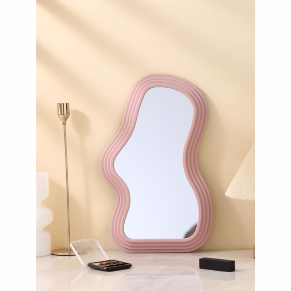 Oglinda de Perete, Flippy, Decorativa, pentru Baie, Dormitor, Sufragerie, Model Minimalist, Forma Asimetrica, 40.3x26 cm, Roz - imagine 3