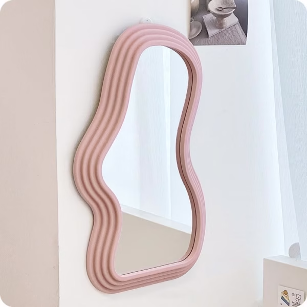 Oglinda de Perete, Flippy, Decorativa, pentru Baie, Dormitor, Sufragerie, Model Minimalist, Forma Asimetrica, 40.3x26 cm, Roz - imagine 4