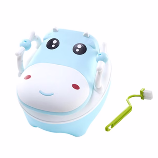 Olita pentru Copii, Flippy, +1an, Portabila, Design Vacuta cu Capac, Model Prietenos, Non-Toxic, cu Manere, Compartiment Detasabil, Perie Inclusa, Usor de Curatat, Albastru - imagine 6