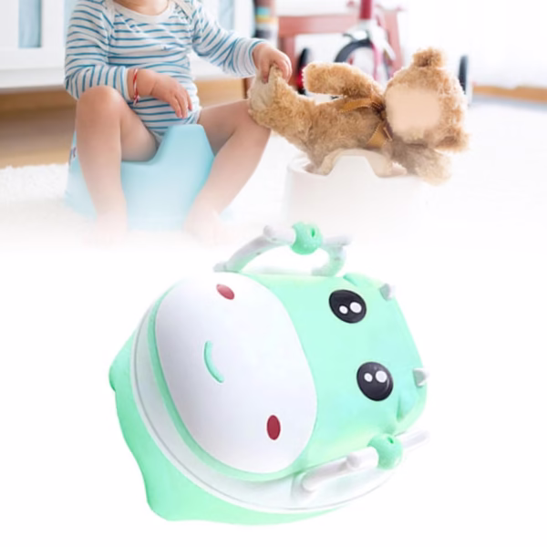 Olita pentru Copii, Flippy, +1an, Portabila, Design Vacuta cu Capac, Model Prietenos, Non-Toxic, cu Manere, Compartiment Detasabil, Perie Inclusa, Usor de Curatat, Verde - imagine 5