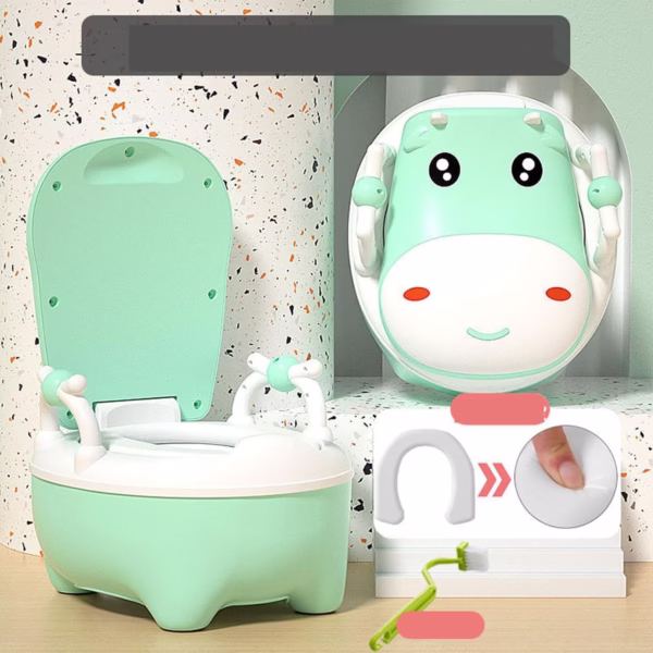 Olita pentru Copii, Flippy, +1an, Portabila, Design Vacuta cu Capac, Model Prietenos, Non-Toxic, cu Manere, Compartiment Detasabil, Perie Inclusa, Usor de Curatat, Verde - imagine 6