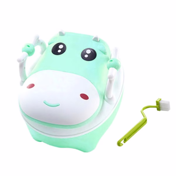Olita pentru Copii, Flippy, +1an, Portabila, Design Vacuta cu Capac, Model Prietenos, Non-Toxic, cu Manere, Compartiment Detasabil, Perie Inclusa, Usor de Curatat, Verde - imagine 7