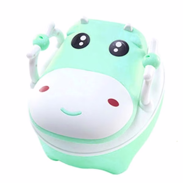 Olita pentru Copii, Flippy, +1an, Portabila, Design Vacuta cu Capac, Model Prietenos, Non-Toxic, cu Manere, Compartiment Detasabil, Perie Inclusa, Usor de Curatat, Verde - imagine 1
