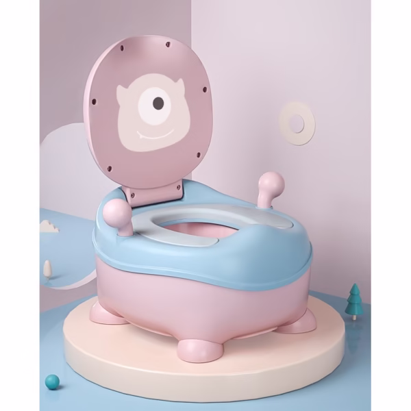 Olita pentru Copii, Flippy, +6 luni, Compartiment Detasabil, cu Capac, Antiderapanta, din Plastic, Colac Moale, Model Animat Ciclop, cu Maner, 33 x 21 x 45 cm, Albastru/Roz - imagine 6