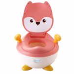 Olita pentru Copii, Flippy, +6 luni, Compartiment Detasabil, cu Capac, Antiderapanta, din Plastic, Colac Moale, Model Animat Vulpe, cu Maner, 34.5 x 35 x 23 cm, Roz/Alb
