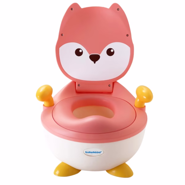 Olita pentru Copii, Flippy, +6 luni, Compartiment Detasabil, cu Capac, Antiderapanta, din Plastic, Colac Moale, Model Animat Vulpe, cu Maner, 34.5 x 35 x 23 cm, Roz/Alb - imagine 1