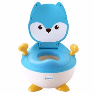 Olita pentru Copii, Flippy, +6 luni, Compartiment Detasabil, cu Capac, Antiderapanta, din Plastic, Colac Moale, Model Animat Vulpe, cu Maner, 34.5 x 35 x 23 cm, Albastru/Alb