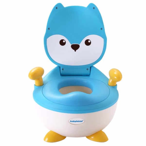 Olita pentru Copii, Flippy, +6 luni, Compartiment Detasabil, cu Capac, Antiderapanta, din Plastic, Colac Moale, Model Animat Vulpe, cu Maner, 34.5 x 35 x 23 cm, Albastru/Alb - imagine 1
