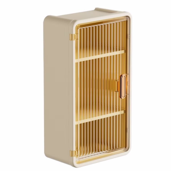 Organizator Cosmetice, Flippy, Montare pe Perete fara Perforare, 36.5x10.9x20 cm, cu 3 Rafturi, din PP si ABS, Bej, Usa Transparenta - imagine 1