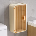 Organizator Cosmetice, Flippy, Montare pe Perete fara Perforare, 36.5x10.9x20 cm, din PP si ABS, Bej, Usa Transparenta - imagine 6