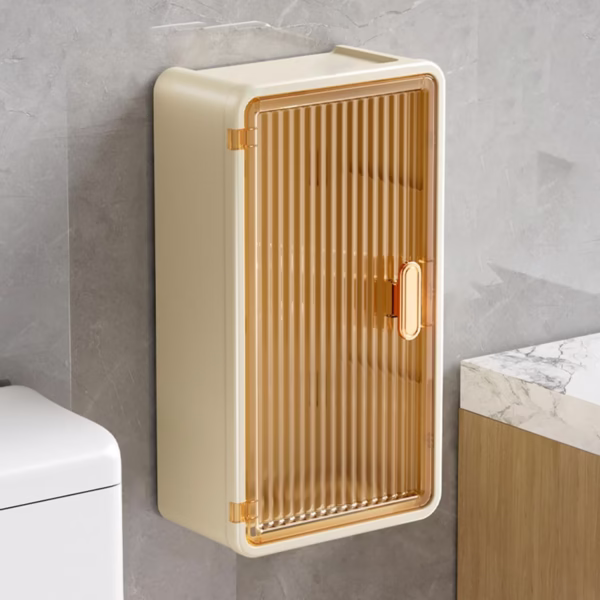Organizator Cosmetice, Flippy, Montare pe Perete fara Perforare, 36.5x10.9x20 cm, din PP si ABS, Bej, Usa Transparenta - imagine 6