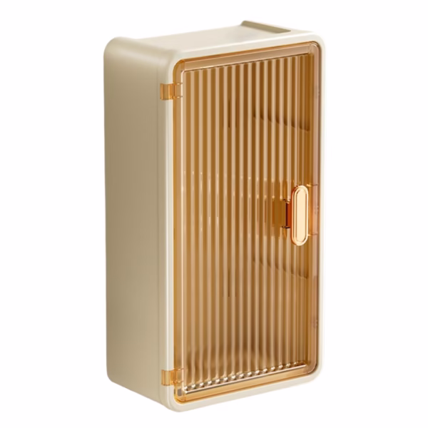 Organizator Cosmetice, Flippy, Montare pe Perete fara Perforare, 36.5x10.9x20 cm, din PP si ABS, Bej, Usa Transparenta - imagine 1