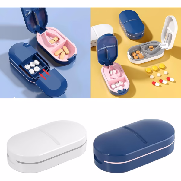 Organizator medicamente, Flippy, Dispozitiv Taiere/Sfaramare Pastile, Ideala pentru Calatorii, Portabila, Perie pentru Curatare, Compartiment depozitare, 8.5x4.5x2.5 cm, Alb - imagine 5