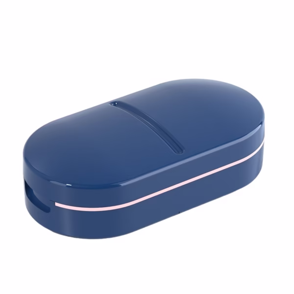 Organizator medicamente, Flippy, Dispozitiv Taiere/Sfaramare Pastile, Ideala pentru Calatorii, Portabila, Perie pentru Curatare, Compartiment depozitare, 8.5x4.5x2.5 cm, Albastru - imagine 1