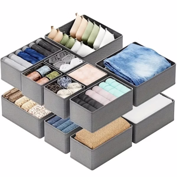 Organizator pentru Sertar, Flippy, 3 Marimi, pentru Lenjerie, Tricouri, Sosete, 6 Piese, Pliabil, Stivuibil, din Tesatura, Gri - imagine 4