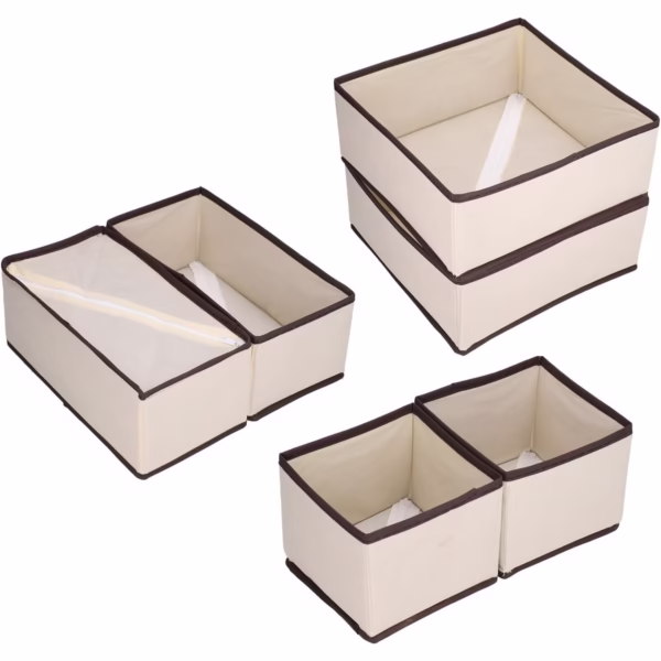Organizator pentru Sertar, Flippy, 3 Marimi, pentru Lenjerie, Tricouri, Sosete, 6 Piese, Pliabil, Stivuibil, din Tesatura, Alb/Maro - imagine 2