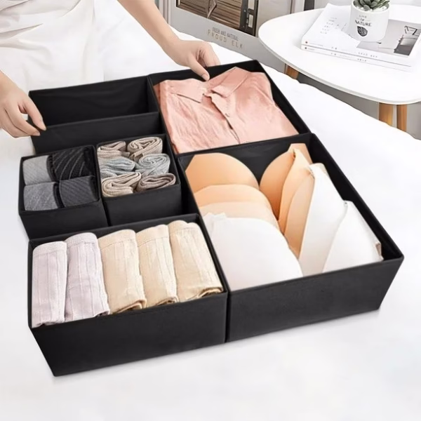 Organizator pentru Sertar, Flippy, 3 Marimi, pentru Lenjerie, Tricouri, Sosete, 6 Piese, Pliabil, Stivuibil, din Tesatura, Negru - imagine 2