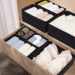 Organizator pentru Sertar, Flippy, 3 Marimi, pentru Lenjerie, Tricouri, Sosete, 6 Piese, Pliabil, Stivuibil, din Tesatura, Negru - imagine 5