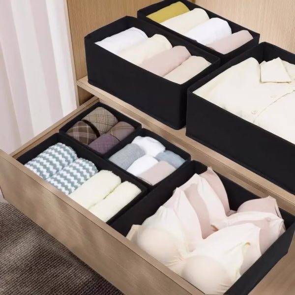 Organizator pentru Sertar, Flippy, 3 Marimi, pentru Lenjerie, Tricouri, Sosete, 6 Piese, Pliabil, Stivuibil, din Tesatura, Negru - imagine 5