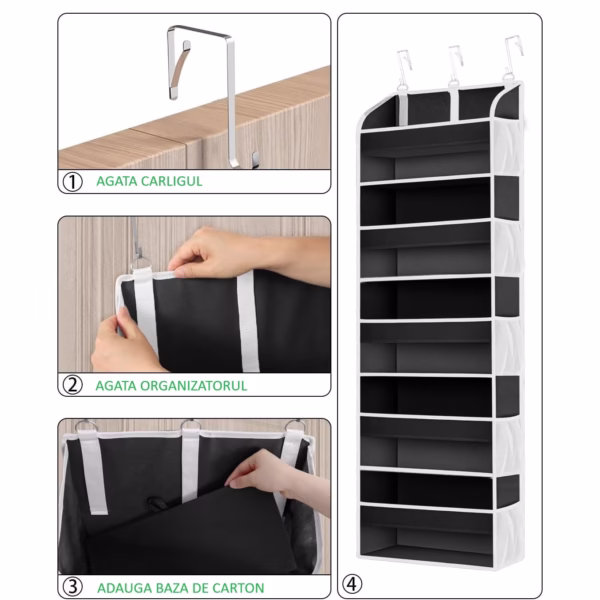 Organizator Suspendat pentru Usi, Flippy, din Nailon si Plasa, Baza de Carton Ingrosat, 5 Buzunare Principale + 10 Buzunare Laterale, 140 x 39 x 17 cm, 3 Carlige Incluse, Negru - imagine 2