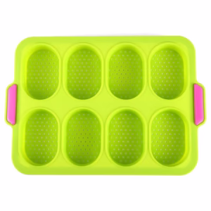 Forme de Silicon pentru Copt, Flippy, 8 Forme Ovale, pentru Paine si Prajituri, 34.5 x 23.8 x 2.5 cm, Verde/Roz
