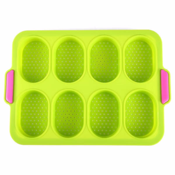 Forme de Silicon pentru Copt, Flippy, 8 Forme Ovale, pentru Paine si Prajituri, 34.5 x 23.8 x 2.5 cm, Verde/Roz - imagine 1