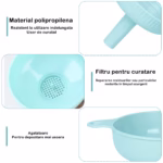 Palnie din plastic 3 in 1 Flippy, doua dimensiuni de scurgere, cu filet si filtru, diametru scurgere 5.4 cm, 11.5 x 16.7 cm, albastru - imagine 2