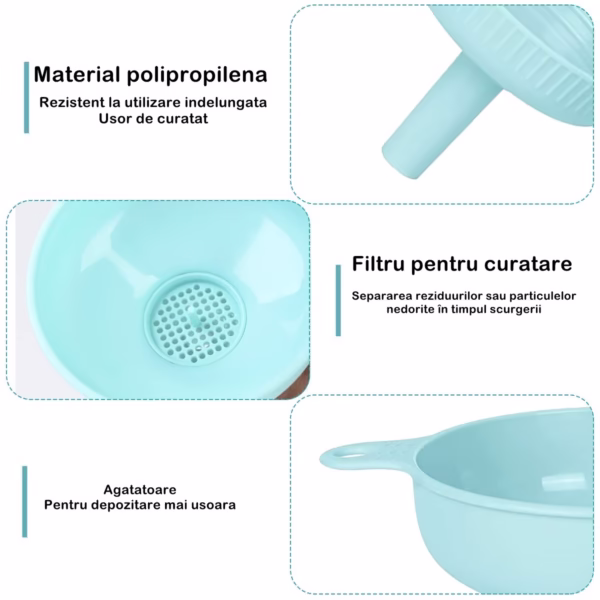 Palnie din plastic 3 in 1 Flippy, doua dimensiuni de scurgere, cu filet si filtru, diametru scurgere 5.4 cm, 11.5 x 16.7 cm, albastru - imagine 2