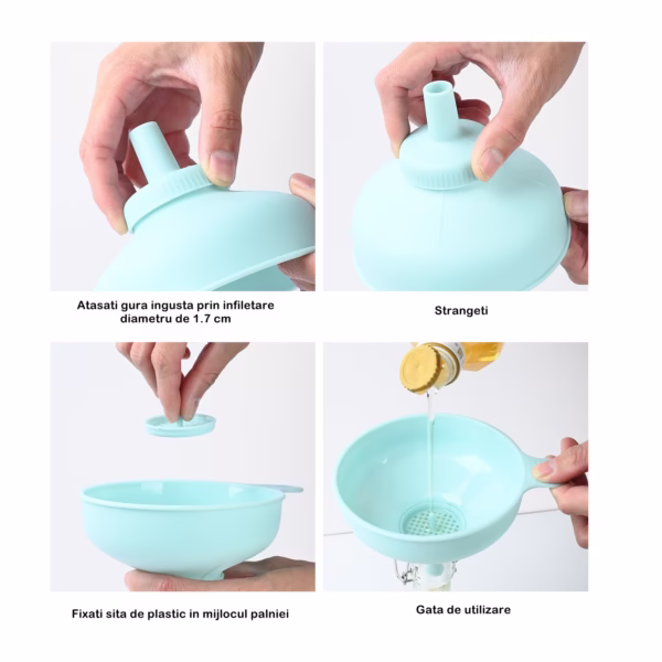 Palnie din plastic 3 in 1 Flippy, doua dimensiuni de scurgere, cu filet si filtru, diametru scurgere 5.4 cm, 11.5 x 16.7 cm, albastru - imagine 3