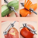 Peeler 2in1 pentru Legume si Fructe, Flippy, Multifunctional, cu 2 Lame de Curatati si Feliat, Varf Ascutit pentru Gaurit, 18 cm, din Otel Inoxidabil, Argintiu/Negru - imagine 3