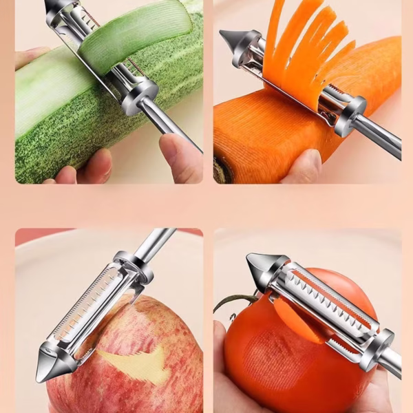 Peeler 2in1 pentru Legume si Fructe, Flippy, Multifunctional, cu 2 Lame de Curatati si Feliat, Varf Ascutit pentru Gaurit, 18 cm, din Otel Inoxidabil, Argintiu/Negru - imagine 3
