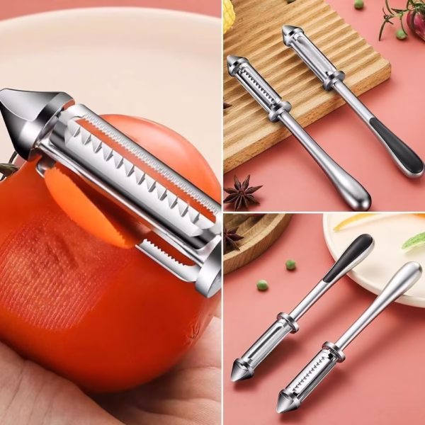 Peeler 2in1 pentru Legume si Fructe, Flippy, Multifunctional, cu 2 Lame de Curatati si Feliat, Varf Ascutit pentru Gaurit, 18 cm, din Otel Inoxidabil, Argintiu/Negru - imagine 4