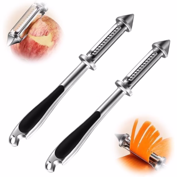 Peeler 2in1 pentru Legume si Fructe, Flippy, Multifunctional, cu 2 Lame de Curatati si Feliat, Varf Ascutit pentru Gaurit, 18 cm, din Otel Inoxidabil, Argintiu/Negru - imagine 5