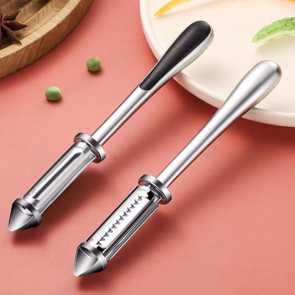 Peeler 2in1 pentru Legume si Fructe, Flippy, Multifunctional, cu 2 Lame de Curatati si Feliat, Varf Ascutit pentru Gaurit, 18 cm, din Otel Inoxidabil, Argintiu/Negru - imagine 7