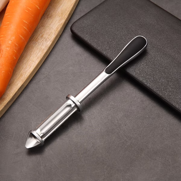 Peeler 2in1 pentru Legume si Fructe, Flippy, Multifunctional, cu 2 Lame de Curatati si Feliat, Varf Ascutit pentru Gaurit, 18 cm, din Otel Inoxidabil, Argintiu/Negru - imagine 9