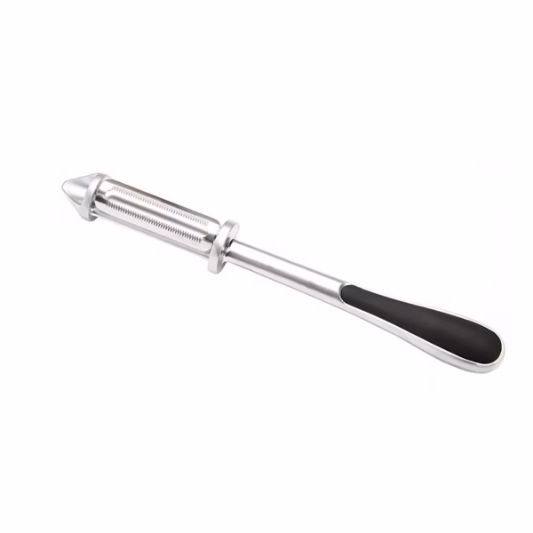 Peeler 2in1 pentru Legume si Fructe, Flippy, Multifunctional, cu 2 Lame de Curatati si Feliat, Varf Ascutit pentru Gaurit, 18 cm, din Otel Inoxidabil, Argintiu/Negru - imagine 1