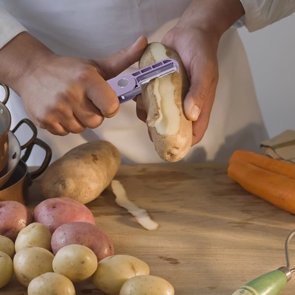 Peeler pentru Legume si Fructe, Flippy, 3.6 x 9.1 cm, Multifunctional, Curatator Pliabil, din ABS si Otel Inoxidabil, Mov - imagine 6