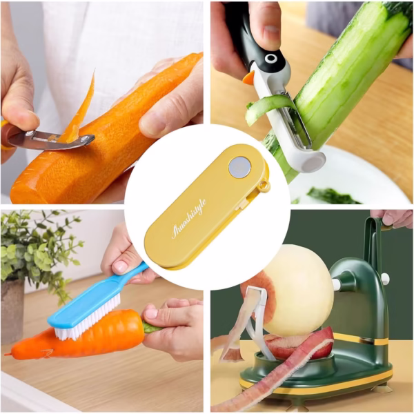Peeler pentru Legume si Fructe, Flippy, 3.6 x 9.1 cm, Multifunctional, Curatator Pliabil, din ABS si Otel Inoxidabil, Galben - imagine 3