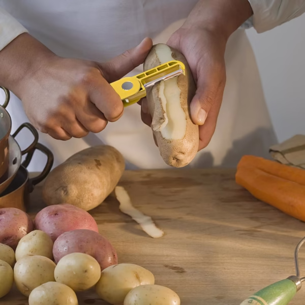 Peeler pentru Legume si Fructe, Flippy, 3.6 x 9.1 cm, Multifunctional, Curatator Pliabil, din ABS si Otel Inoxidabil, Galben - imagine 5