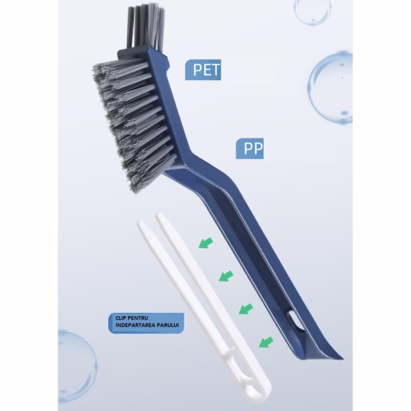 Perie 3in1 de Curatat Podele si Rosturi, Flippy, Lungime Maner 28 cm, Peri din PP, Otel si Plastic, Cleste pentru Scame si Par Inclus, Albastru - imagine 3