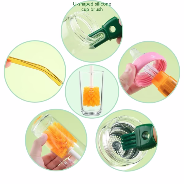 Perie 5 in 1 de Curatat Pahare, Cani, Sticle, Flippy, cu Maner Lung, Accesorii pentru Spalarea Paielor si Capacelor, Usor de Agatat, 36x7x7cm, Portocaliu-Alb - imagine 3