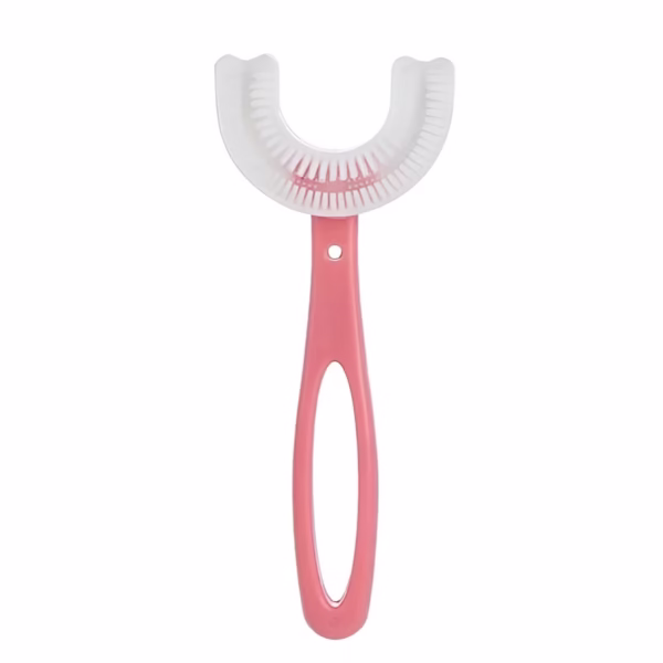 Periuta de Dinti in Forma de U, Flippy, pentru Copii 6-12 ani, Peri Moi, 12 cm, Model Inima, Culoare Roz - imagine 1