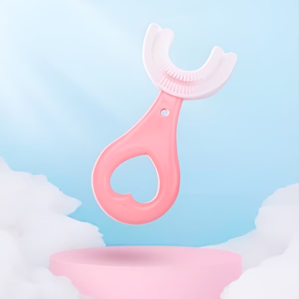Periuta de Dinti in Forma de U, Flippy, pentru Sugari si Copii 2-6 ani, Peri Moi, 9 cm, Model Inima, Culoare Roz - imagine 2