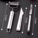Accesorii de Curatat Decojit Fructe Legume, Flippy, Set 3 Piese, Feliator Cutit Decojitor, Legume si Fructe, din Otel Inoxidabil, cu Maner, Argintiu - imagine 2