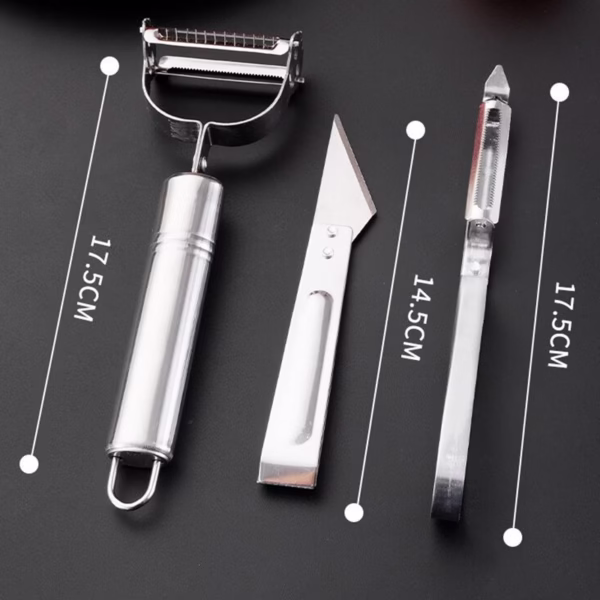 Accesorii de Curatat Decojit Fructe Legume, Flippy, Set 3 Piese, Feliator Cutit Decojitor, Legume si Fructe, din Otel Inoxidabil, cu Maner, Argintiu - imagine 2