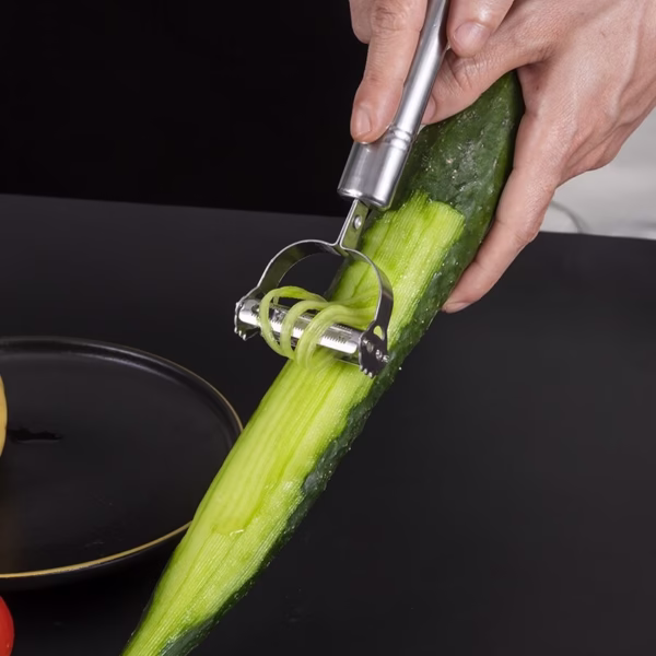 Accesorii de Curatat Decojit Fructe Legume, Flippy, Set 3 Piese, Feliator Cutit Decojitor, Legume si Fructe, din Otel Inoxidabil, cu Maner, Argintiu - imagine 3